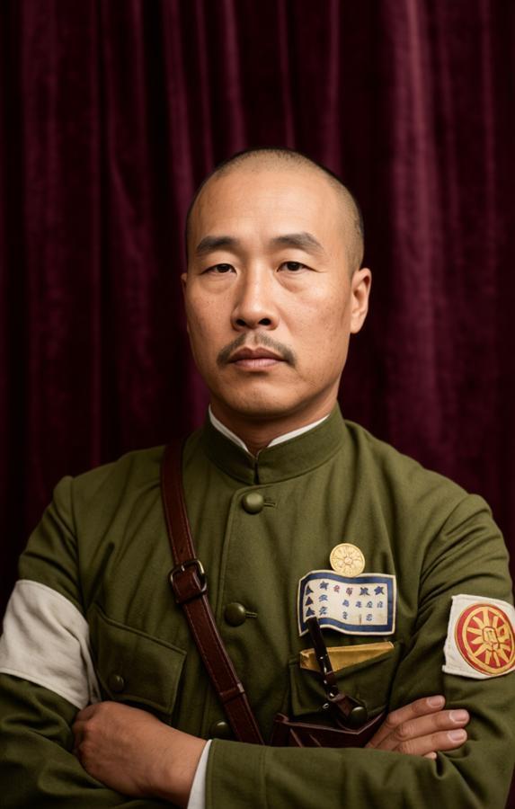 这张肖像照是韩复榘，光头八字胡、双臂交叉，胸章臂章尽显主政山东的跋扈。他是冯玉祥