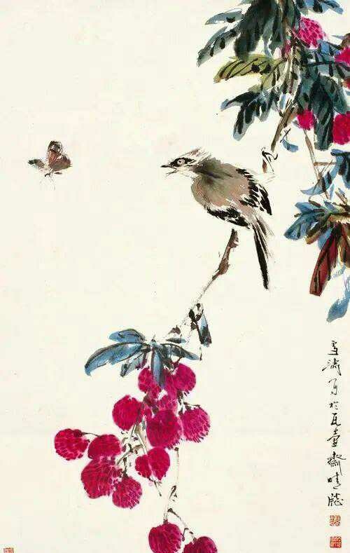 王雪涛画荔枝。王雪涛善于描绘花鸟世界的丰富多彩和活泼生气，又精于表现画家的心灵感