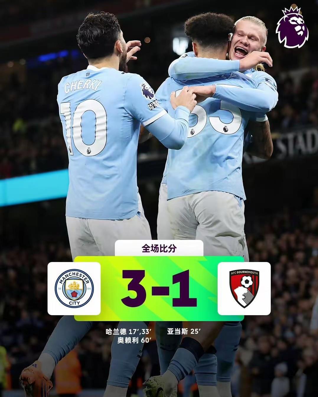 英超冠军会在四支球队中产生，阿森纳有戏，曼城不虚曼城3：1大黑马伯恩茅斯就坐积
