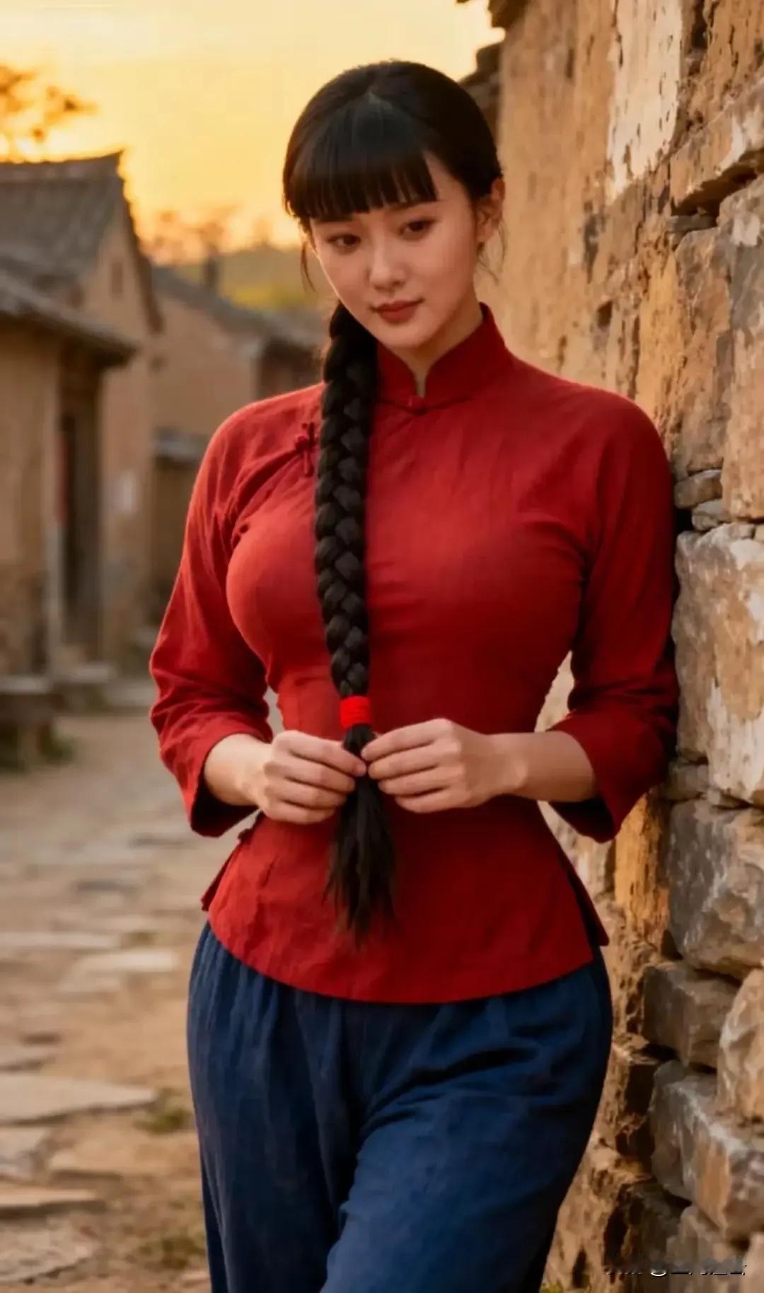 七律•最美村姑熏墨/赋长辫村姑立巷头，雅韵温婉若惊鸿；慧质藏于眉眼神，