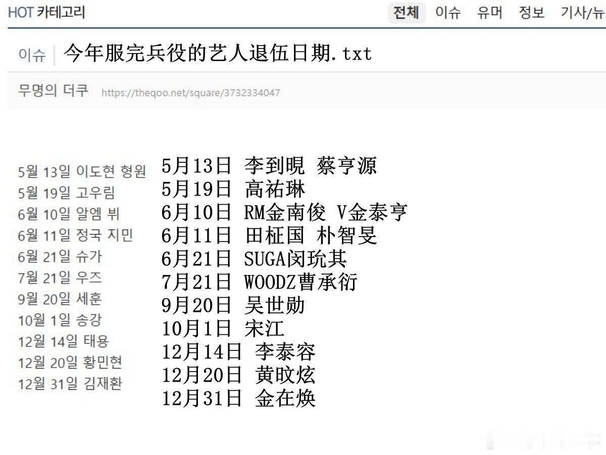 🔥🔥韩网500楼热帖评论翻译🔥🔥今年服完兵役的男艺人退伍日期：5月13日