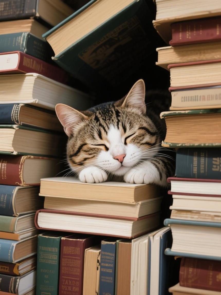 #AI妙生图#猫咪在书堆中沉睡，或许书籍是它的梦枕，文字的魔力悄然在此交织。