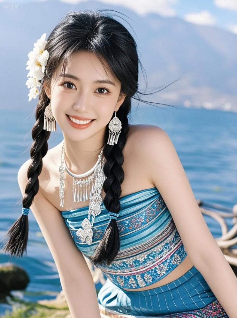 海风轻拂，双麻花随琴声在沙滩上摇曳
