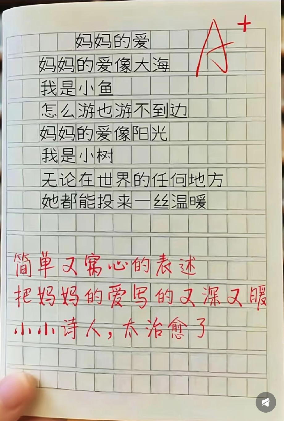 小学生写的《妈妈的爱》，老师批了A+！最后一句我看哭了，你被戳中了吗？