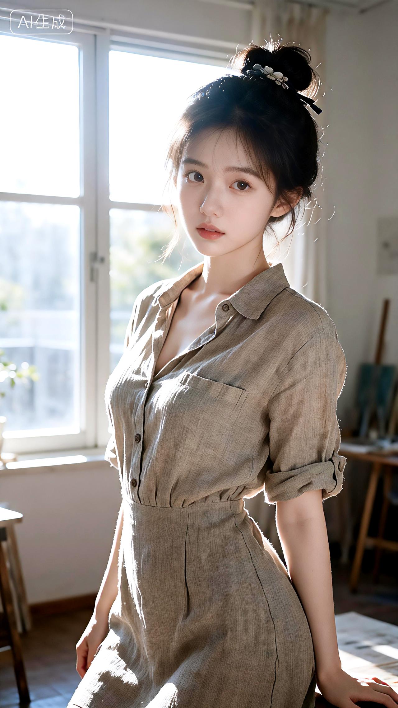 阳光在她发间跳跃，调色盘上，尽是时光的温柔笔触。豆包壁纸