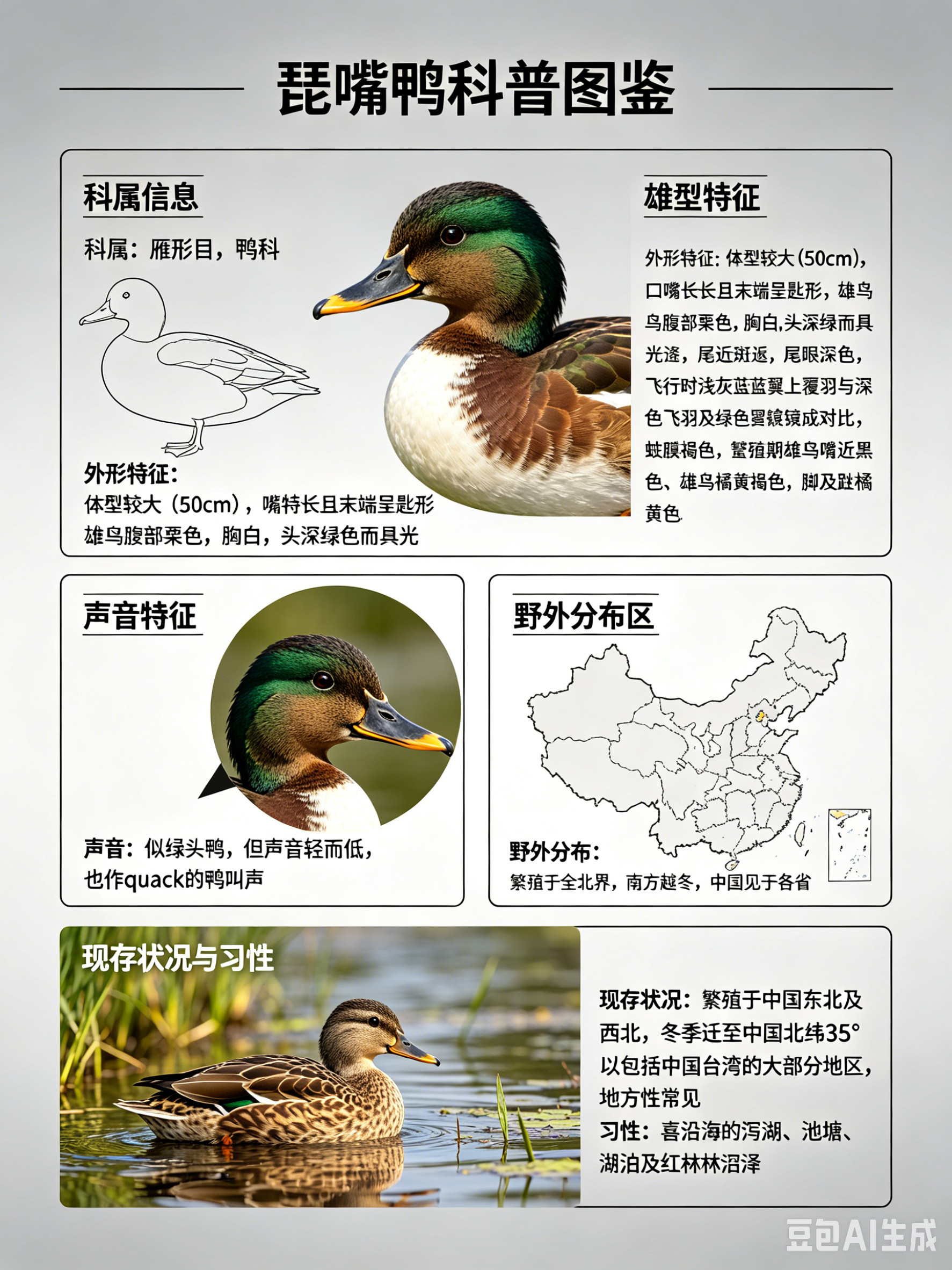 鸟类朋友图鉴琵嘴鸭·科属：雁形目，鸭科。·外形特征：体型较大（50cm），嘴特