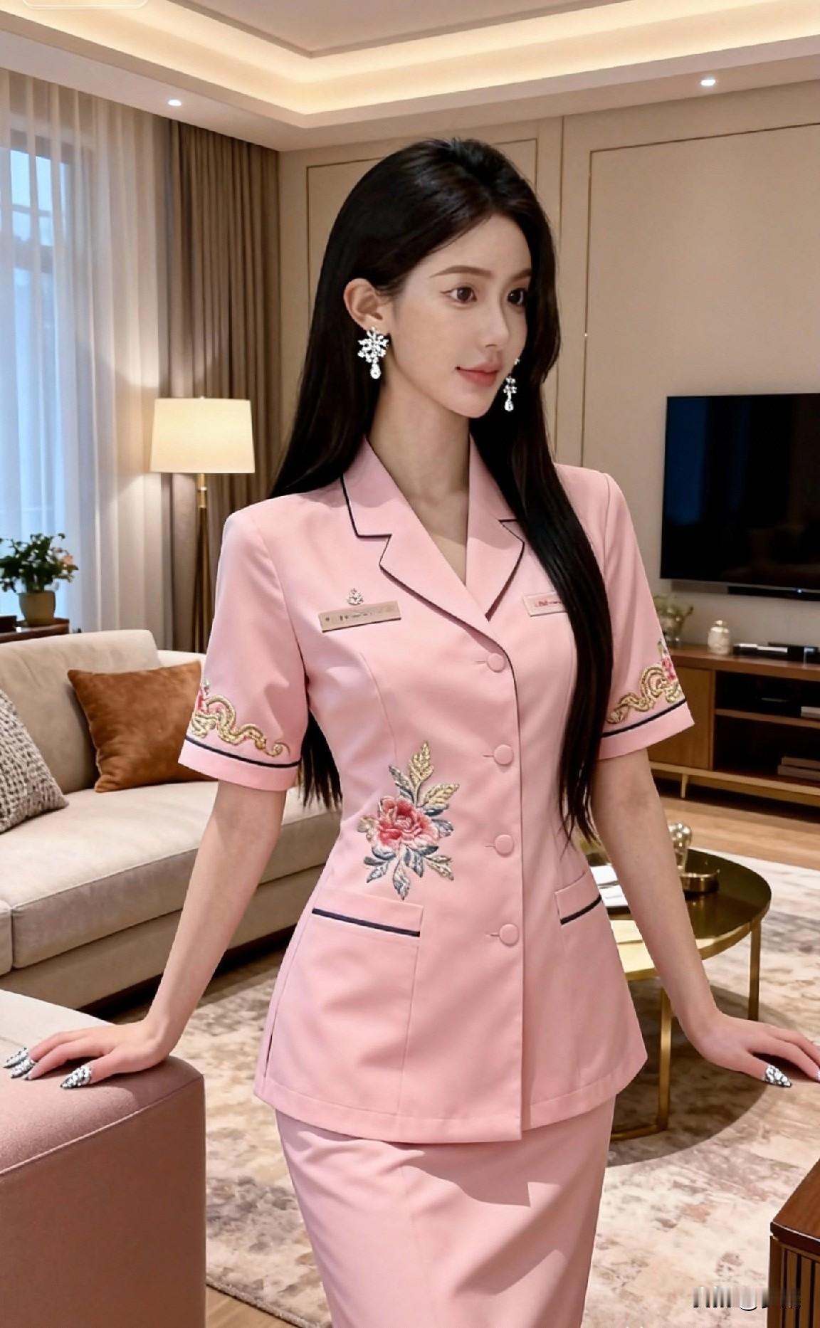 这位小姐姐穿着粉色制服，好温柔。温柔粉色衬衫