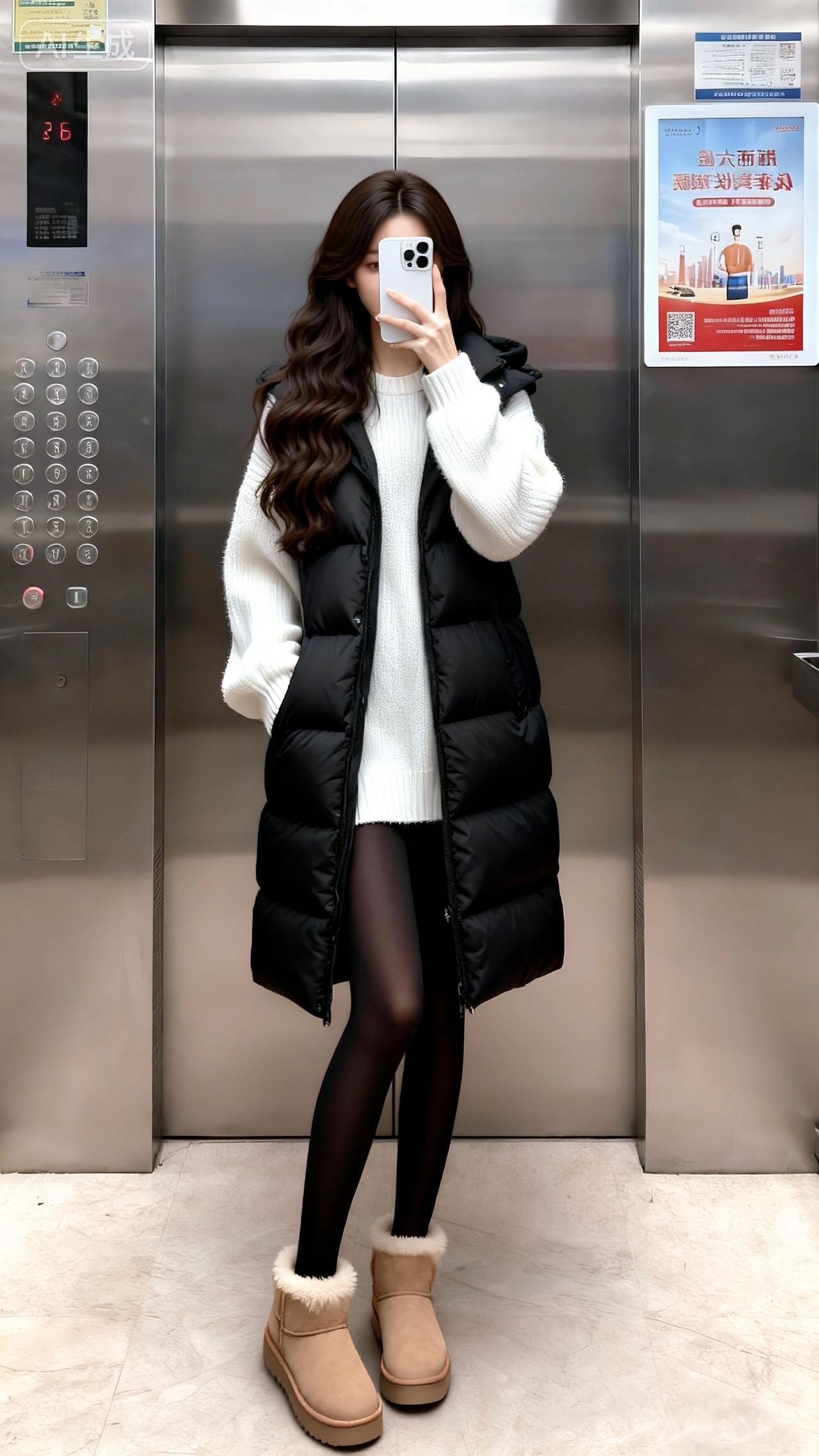 电梯自拍的保暖时尚穿搭，有没有给到你灵感。冬季穿搭思路电梯拍照御姐今天穿什