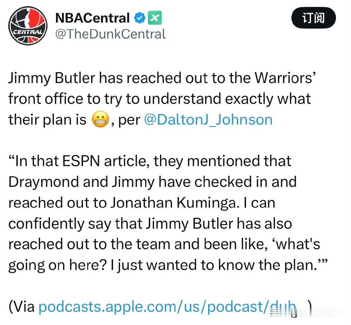 坐不住了！！！巴特勒联系勇士管理层询问什么情况！根据记者DaltonJoh