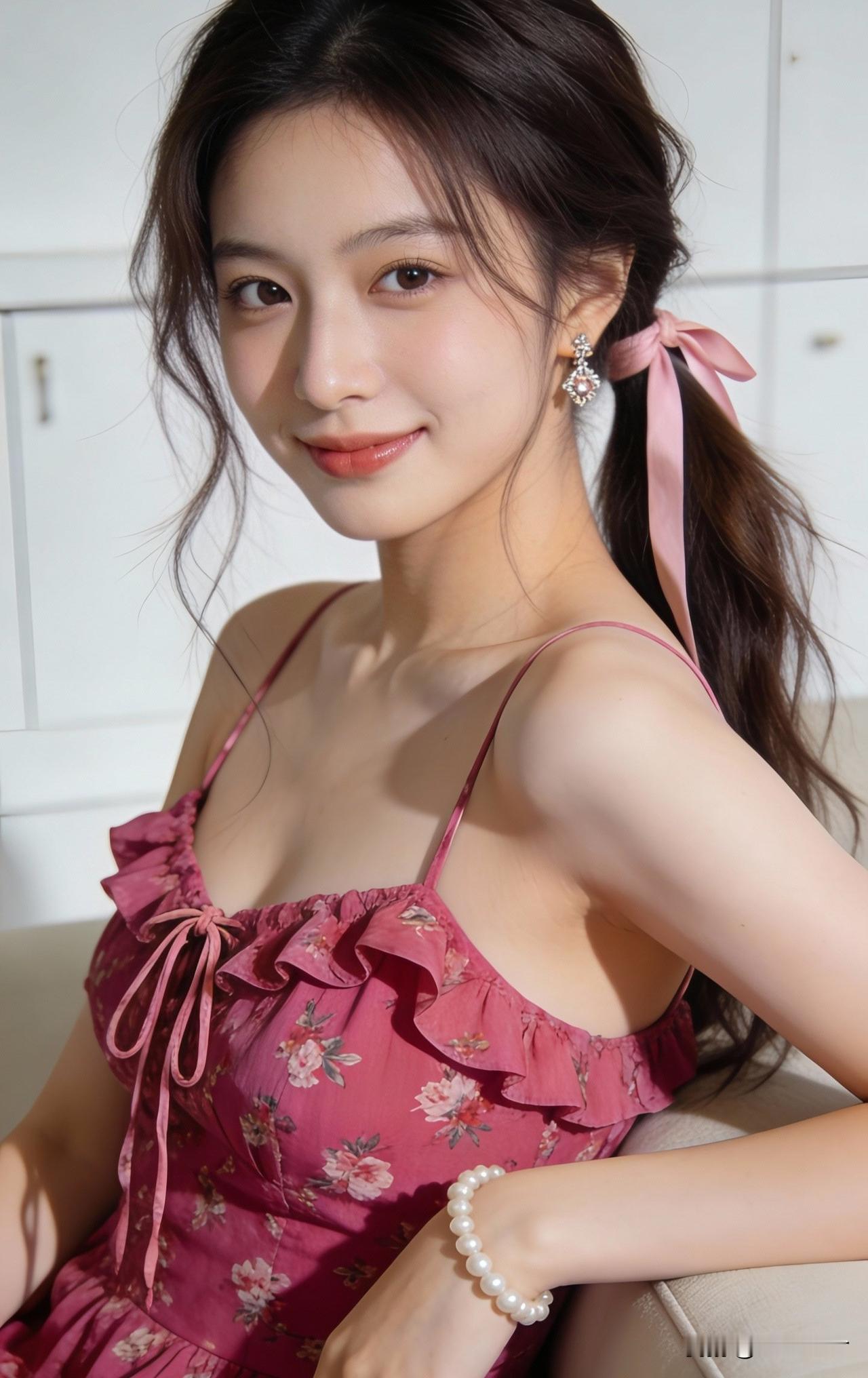 甜美少女风，粉色连衣裙搭配珍珠耳环，温柔动人！🌸💖