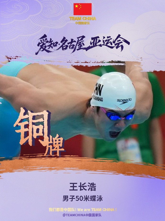 男子50米蝶泳: 王长浩铜牌, 徐放第四, 巴林选手平亚洲纪录夺金