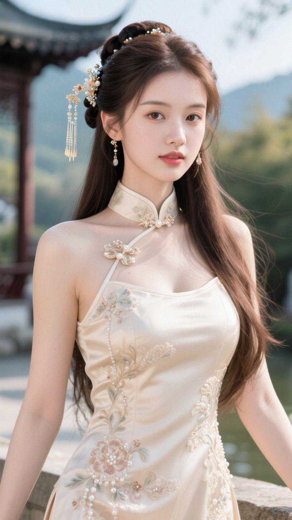 溪亭春晴飞檐翘角古亭开，远岫含青入望来。碧水澄波涵晓色，平堤叠翠绕高台。