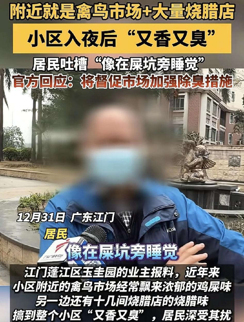 广东江门一小区业主最近反映他们小区附近有鸡禽场，旁边还有十几家的烧腊厂，各种味道