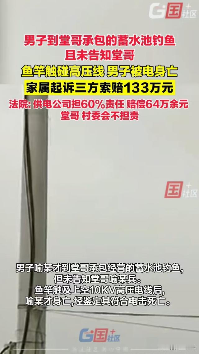 湖北谷城，男子阿才私自去堂哥阿兵承包田地里的蓄水池钓鱼，结果甩竿时碰到上方高压线