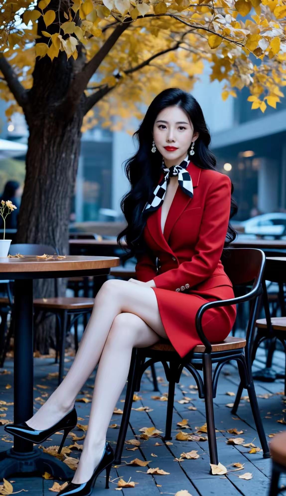 红衣美人倚秋树，金叶飘落似画卷。