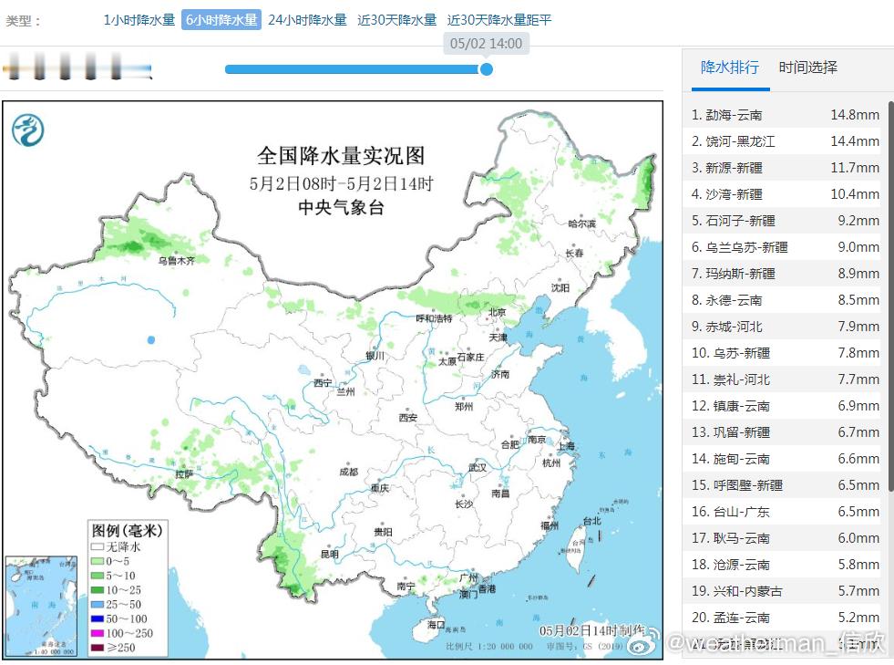 【降水和对流】今天08-14时，我国降水总体不多，分散出现在新疆、内蒙古、华北、