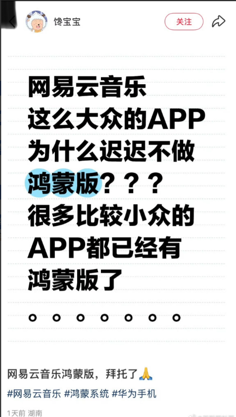 这就是华为鸿蒙生态最大的阻碍！微信这么大难度都开发了，没想到网易云到现在都没