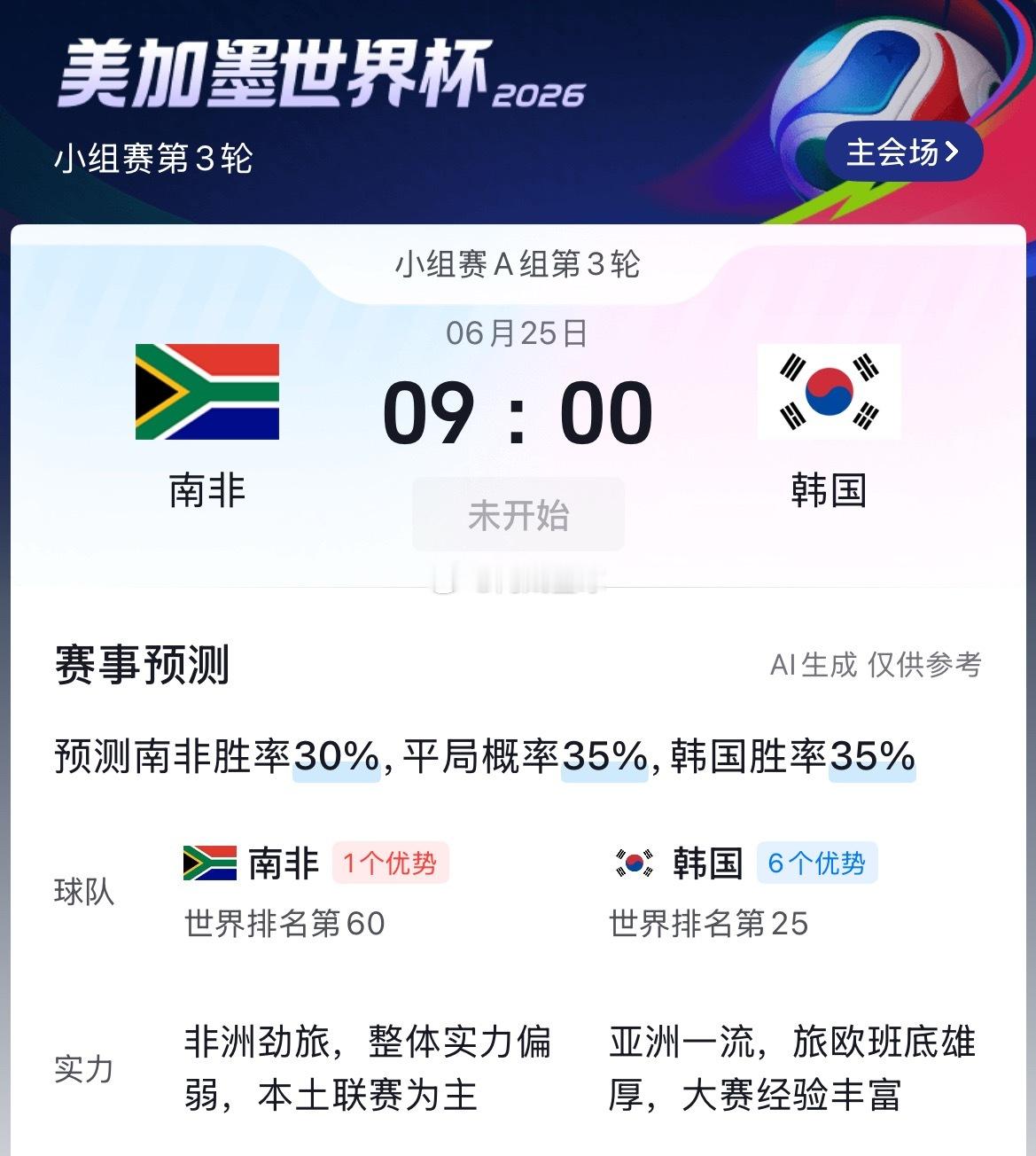 周三053：世界杯南非VS韩国2026.6.2509：00南非vs韩国
