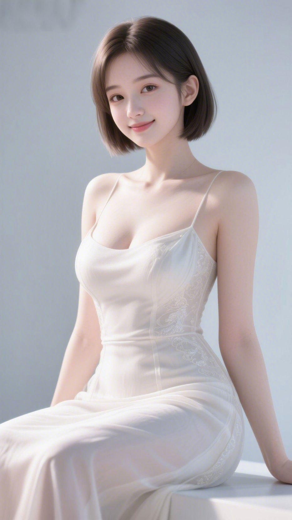 白裙绘就温柔模样浅灰背景晕开一层朦胧的柔雾，短发的女子身着白裙静静端坐，发