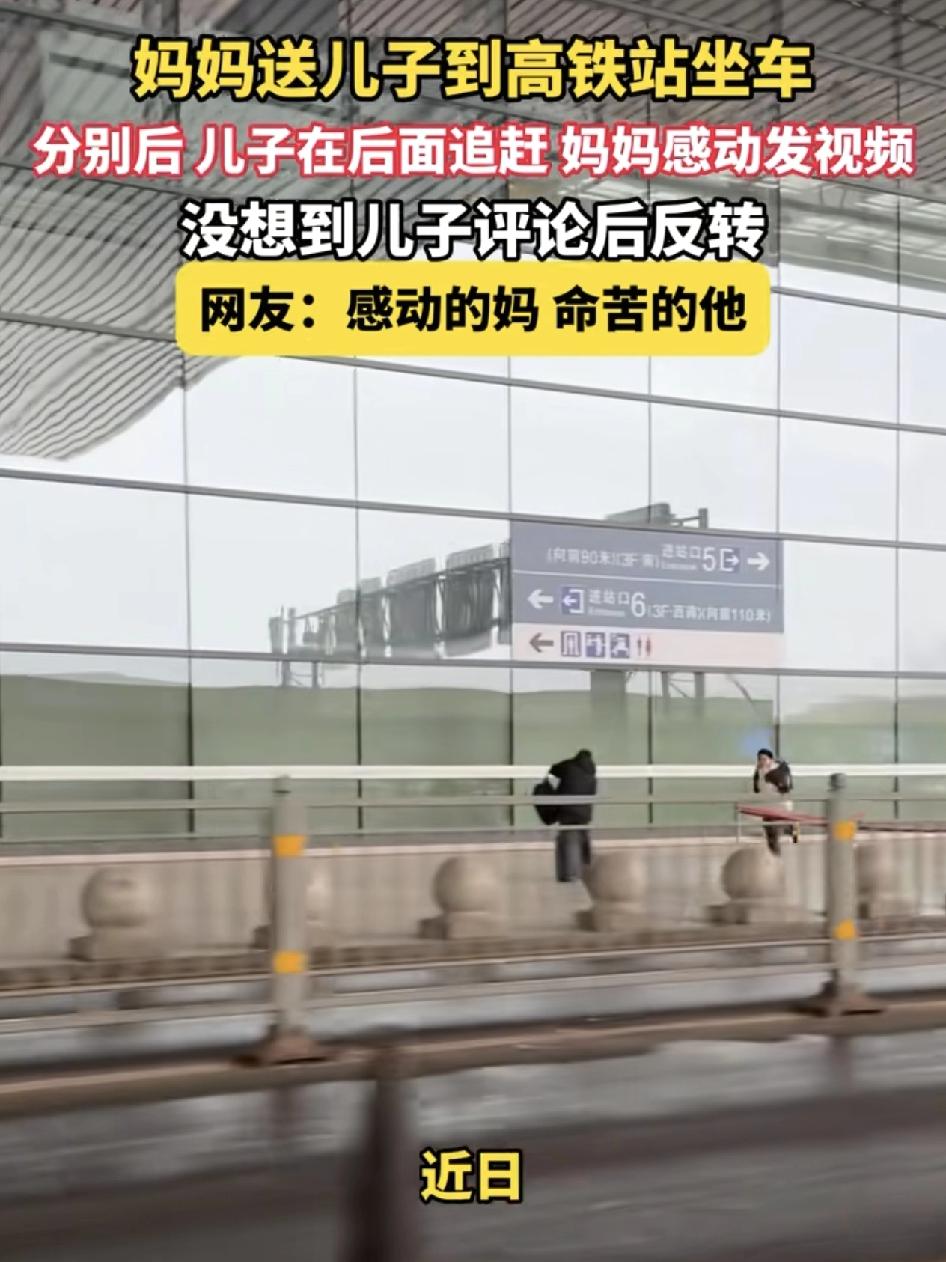 河南一位妈妈送儿子乘坐高铁，儿子在后面不断的追赶，本以为是儿子不少自己把视频拍照