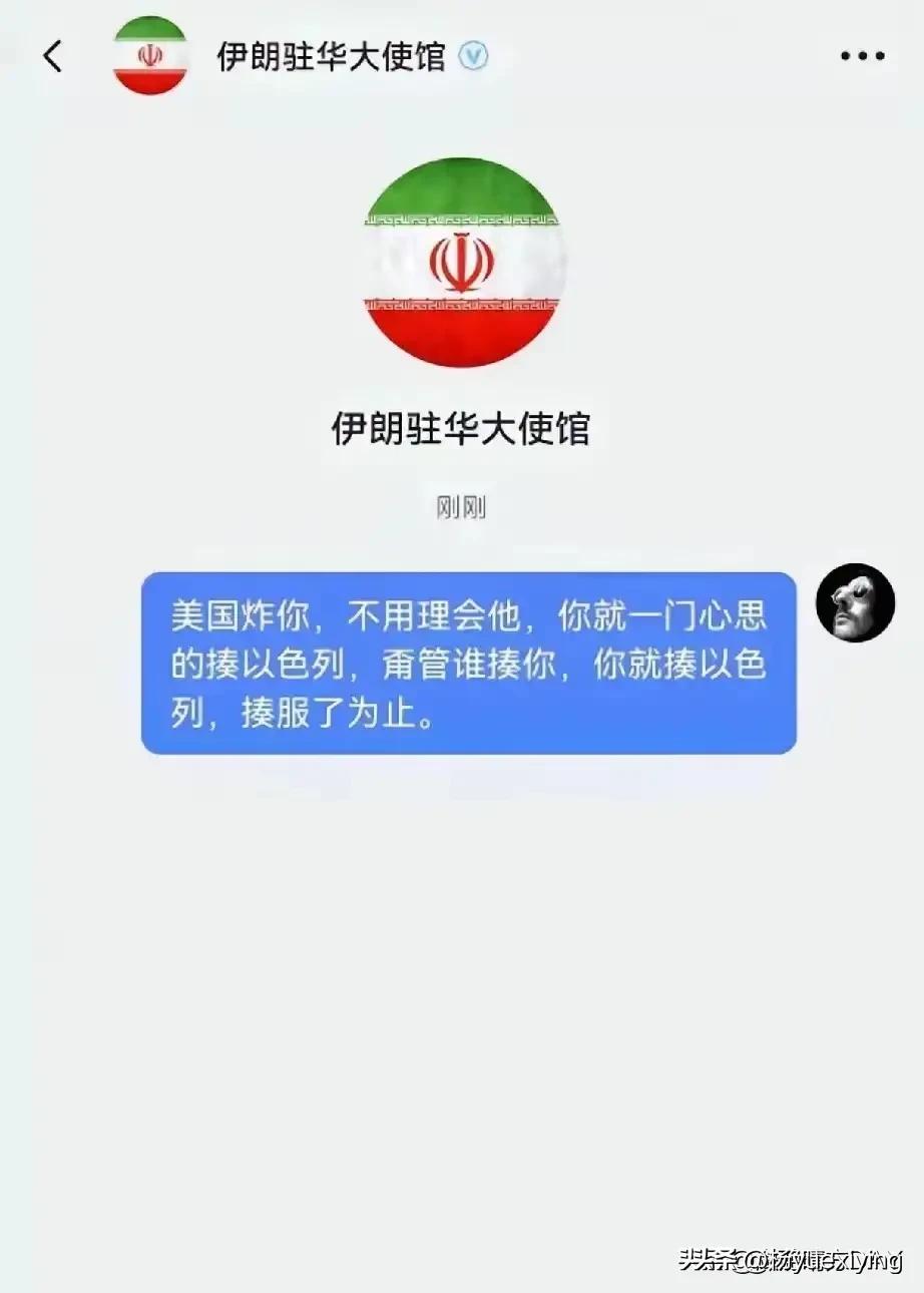 有网友给伊朗驻华大使馆的智慧留言：“美国炸你，不用理会他，你就一门心思的揍以色列
