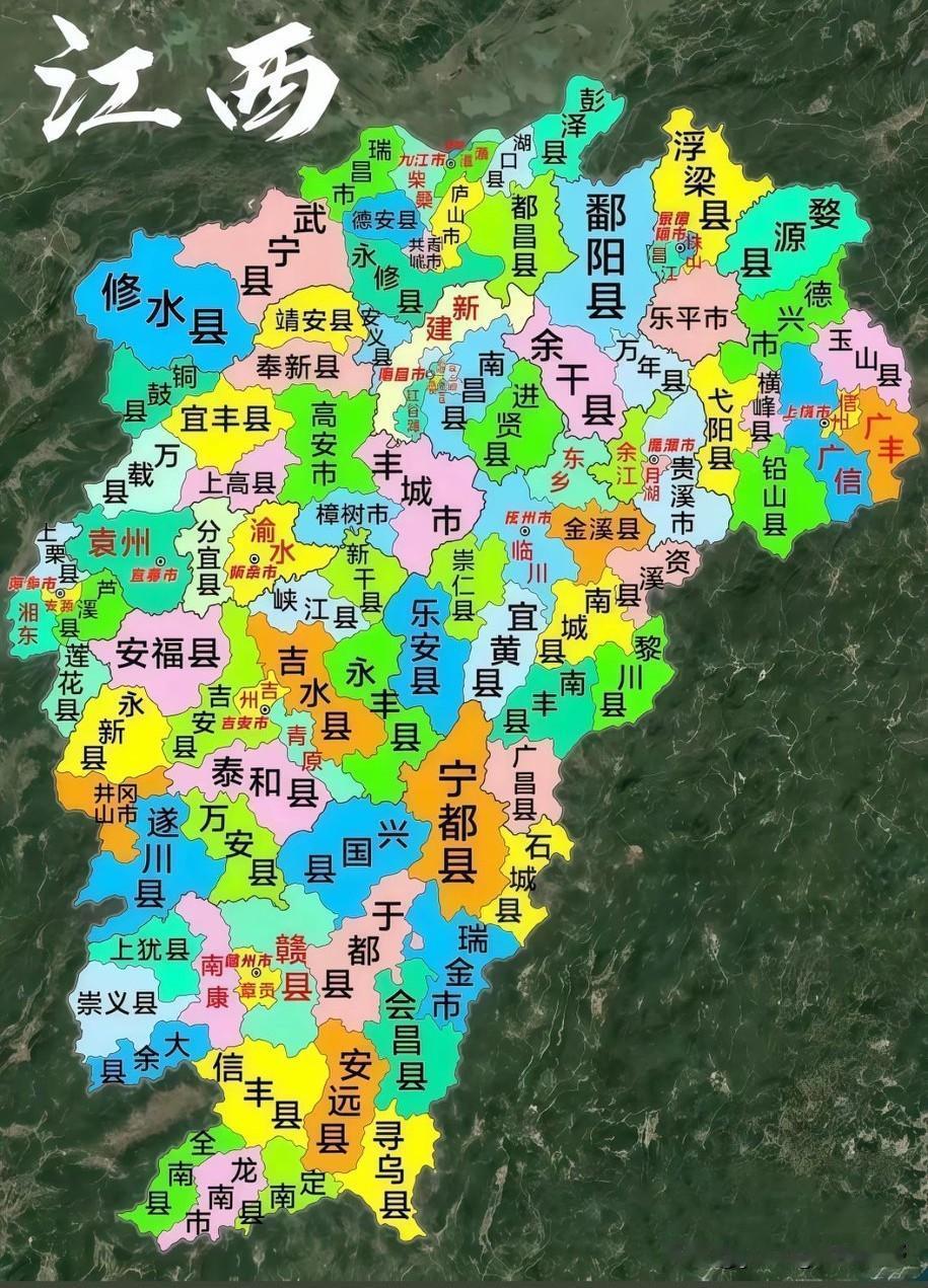 江西省的县域地图。从地图上可看出，江西省内的县域城市数量确实多，但与之相反的是，