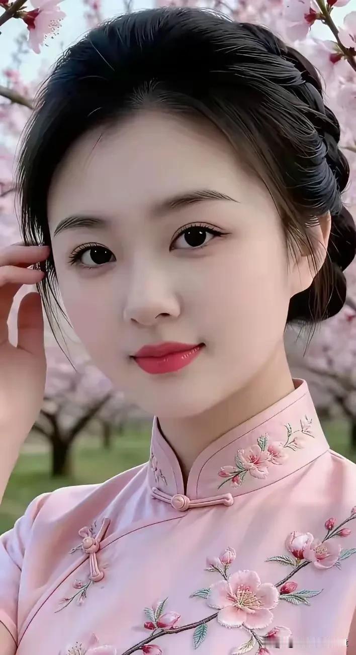 如梦令·桃苑妍满树桃花轻绽，素袂旗袍温婉。秀目漾清光，浅笑春风相伴。