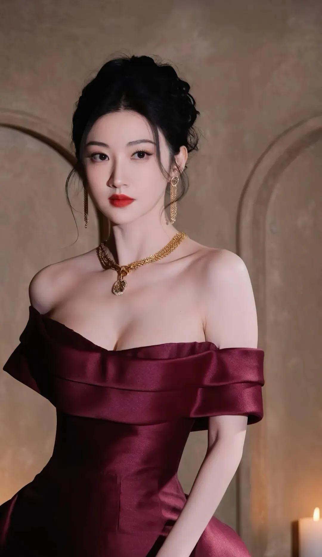 景甜酒红色一字肩礼服亮相，妥妥人间富贵花！缎面面料高级感拉满，搭配复古黄金配饰