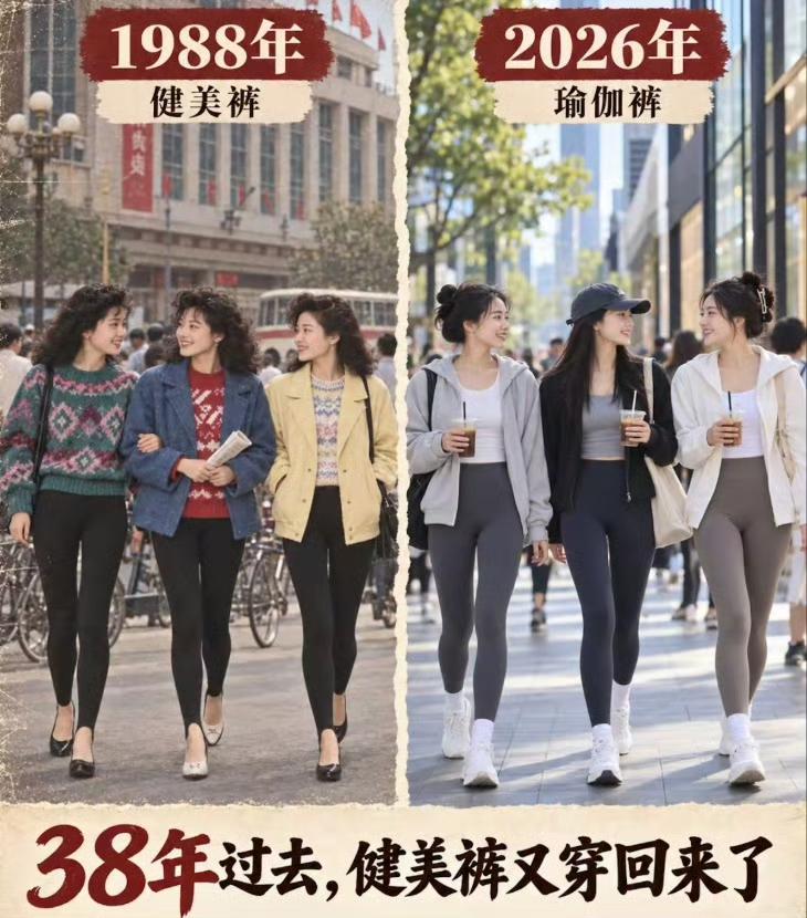 38年前，脚蹬裤配高跟鞋，叫时髦。38年后，瑜伽裤配运动鞋，叫松弛。名字换