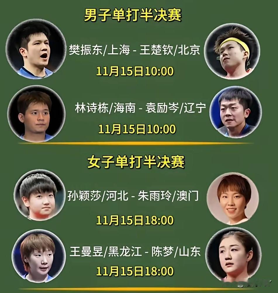 最具火星味的碰撞来了，全运会乒乓球半决赛11月15日开打，王楚钦对战樊振东、陈梦