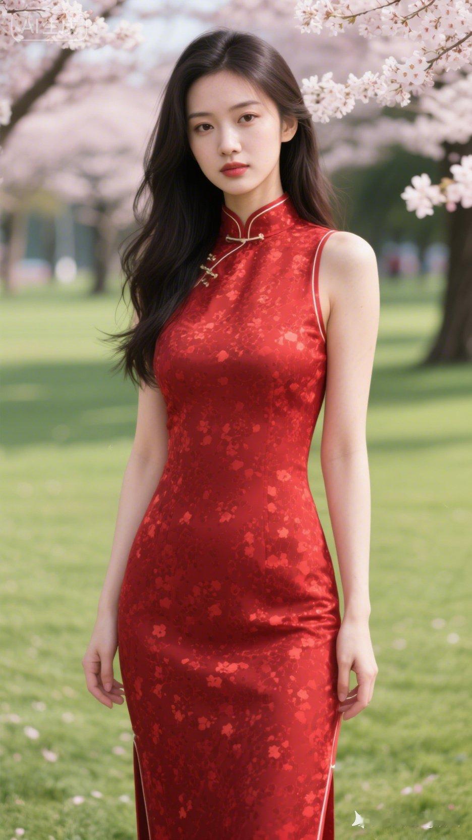 樱花树下，红衣少女，惊艳了整个春天🌸💃