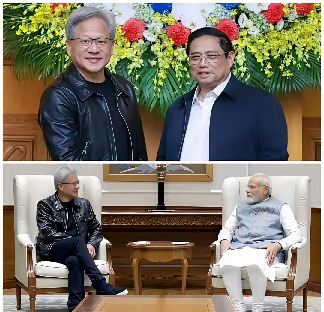 老黄这反差真绝了！在外国见元首，直接套着招牌皮衣就进场，主打个硅谷大佬的随性狂傲