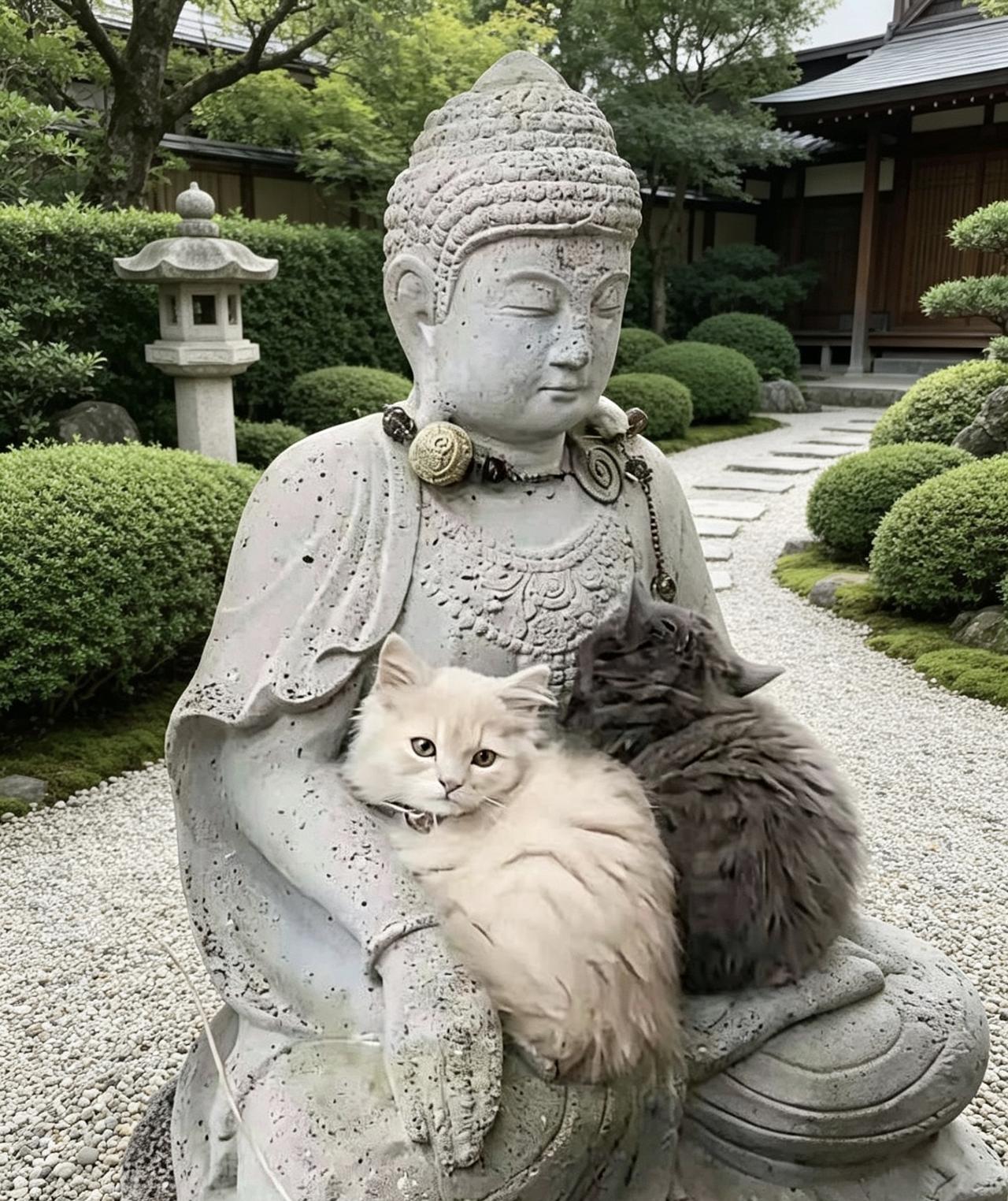 这天，一位阿姨去公园散步，当她走到一个佛像附近的时候看到了令人泪目的一幕，两只流