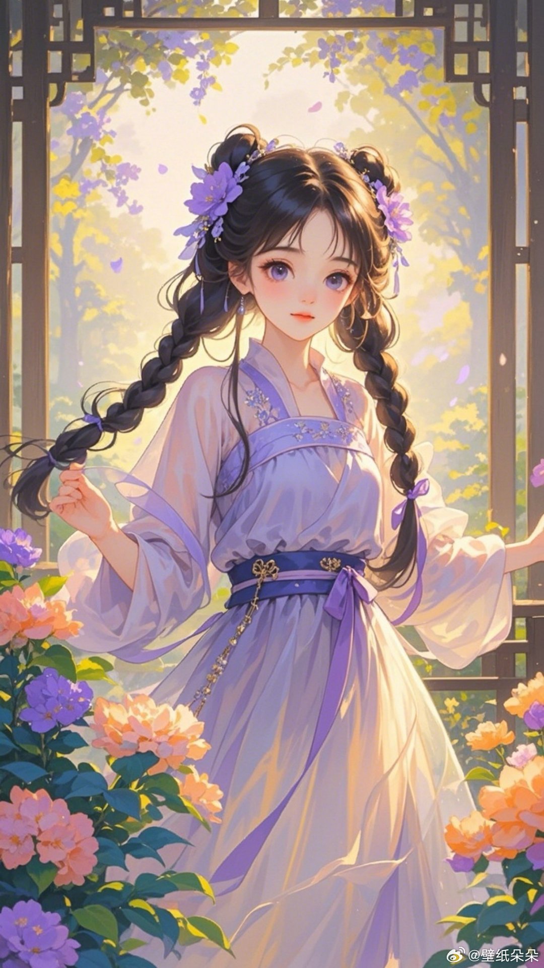 国风元素麻花辫女生紫色系壁纸​​​