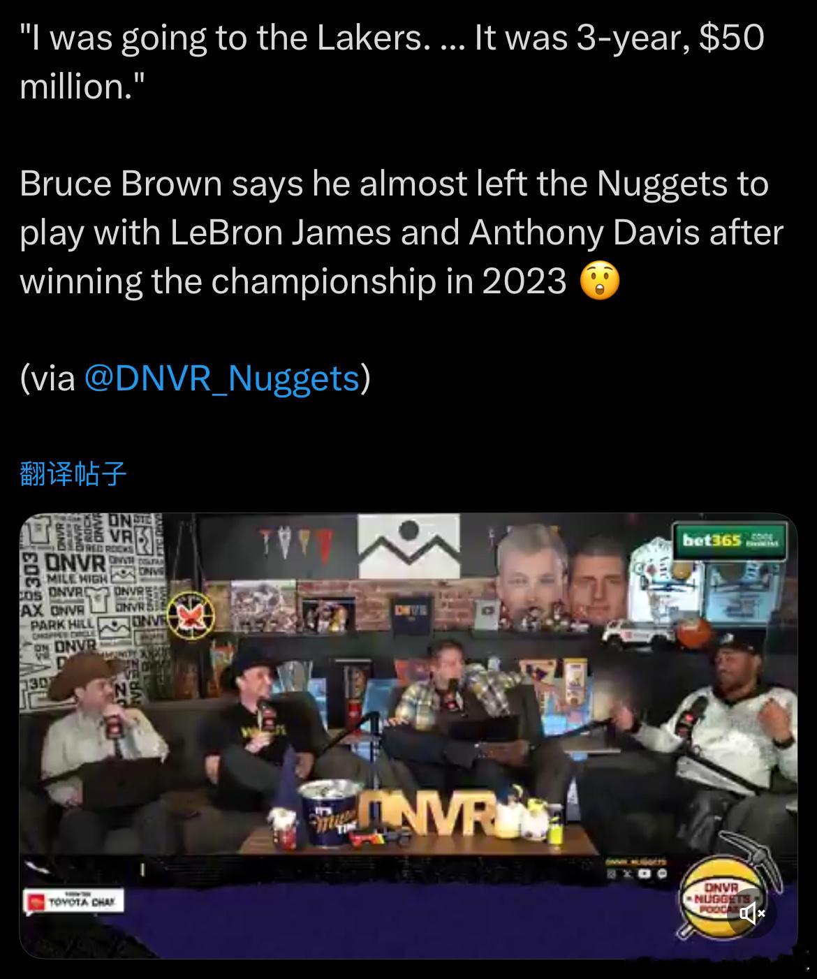 布鲁斯-布朗透露，2023年夺冠后他差点加盟湖人搭档詹眉：“那是一份3年5000