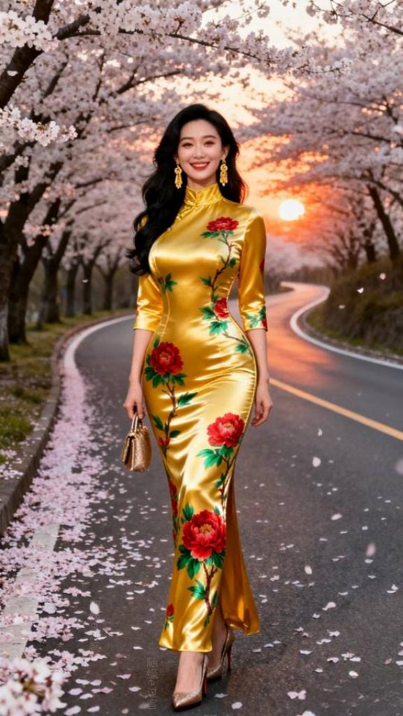 微胖的黄花旗袍裙女子花道留影。旗袍旗袍美女高雅气质美女