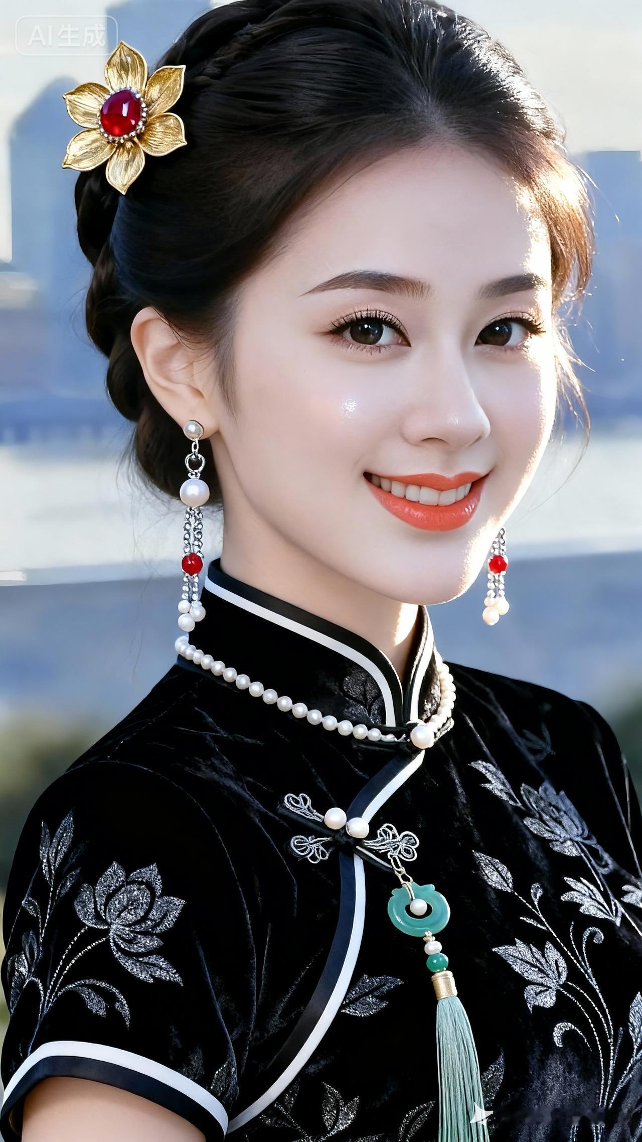 复古旗袍照，优雅气质，红唇微笑，复古耳环，珍珠项链，复古发型，美丽动人。