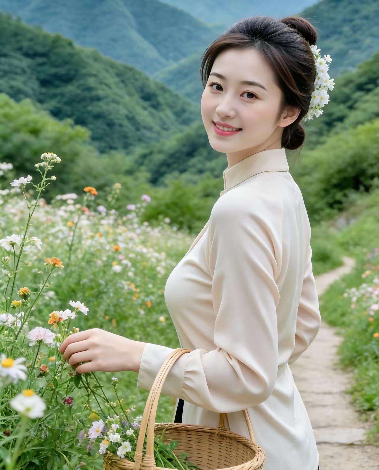 山间花田，少女拾花，笑靥如花，岁月静好。生活的美随手拍