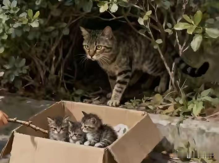 狠心主人把出生不久的三只小猫扔在路边，母猫找到后守护在边上不愿离开。这家人说一年