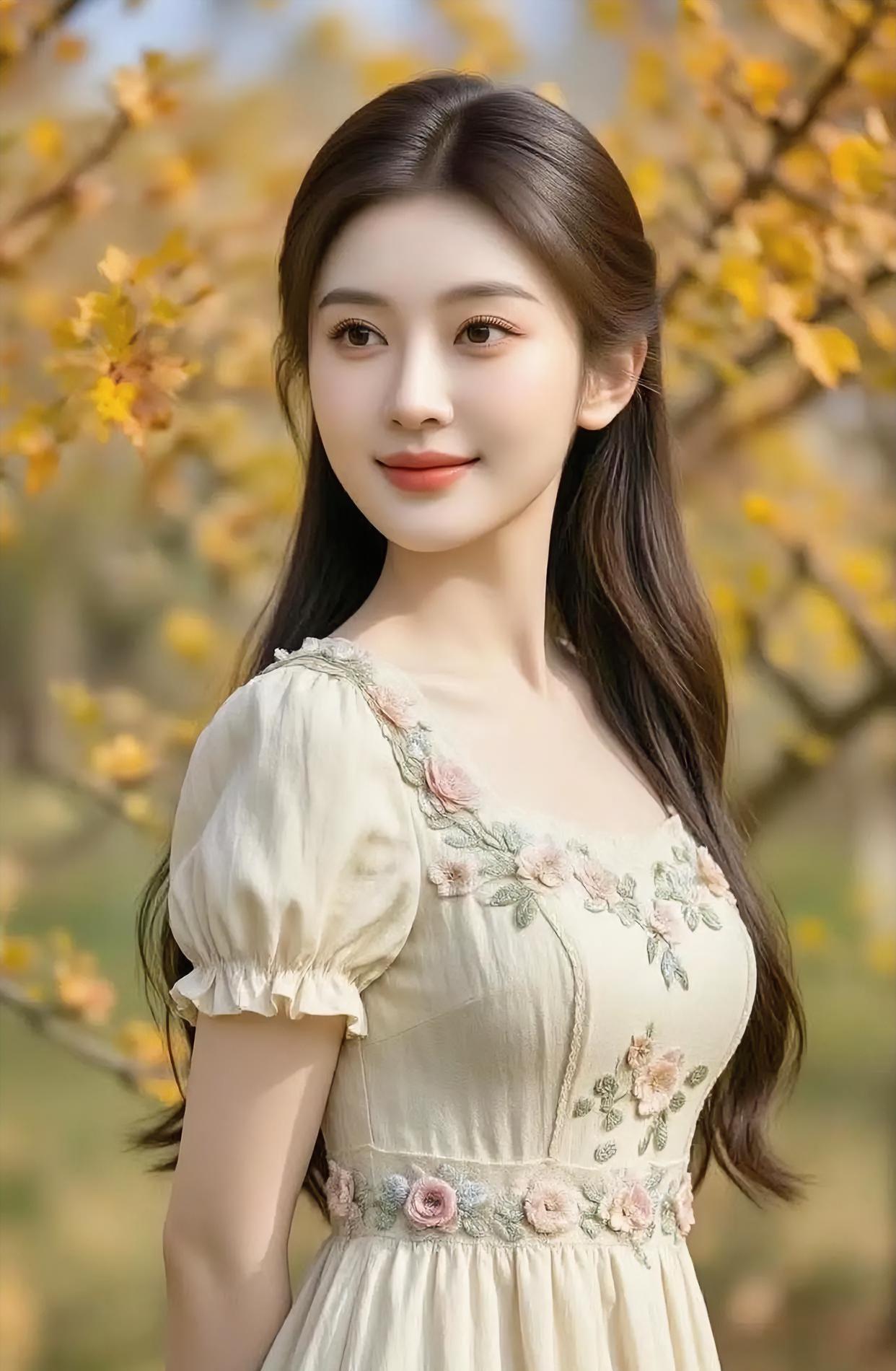 上阕金叶在身后轻轻晃，米白裙角绣着春芳。泡泡袖拢住软风，长发垂落