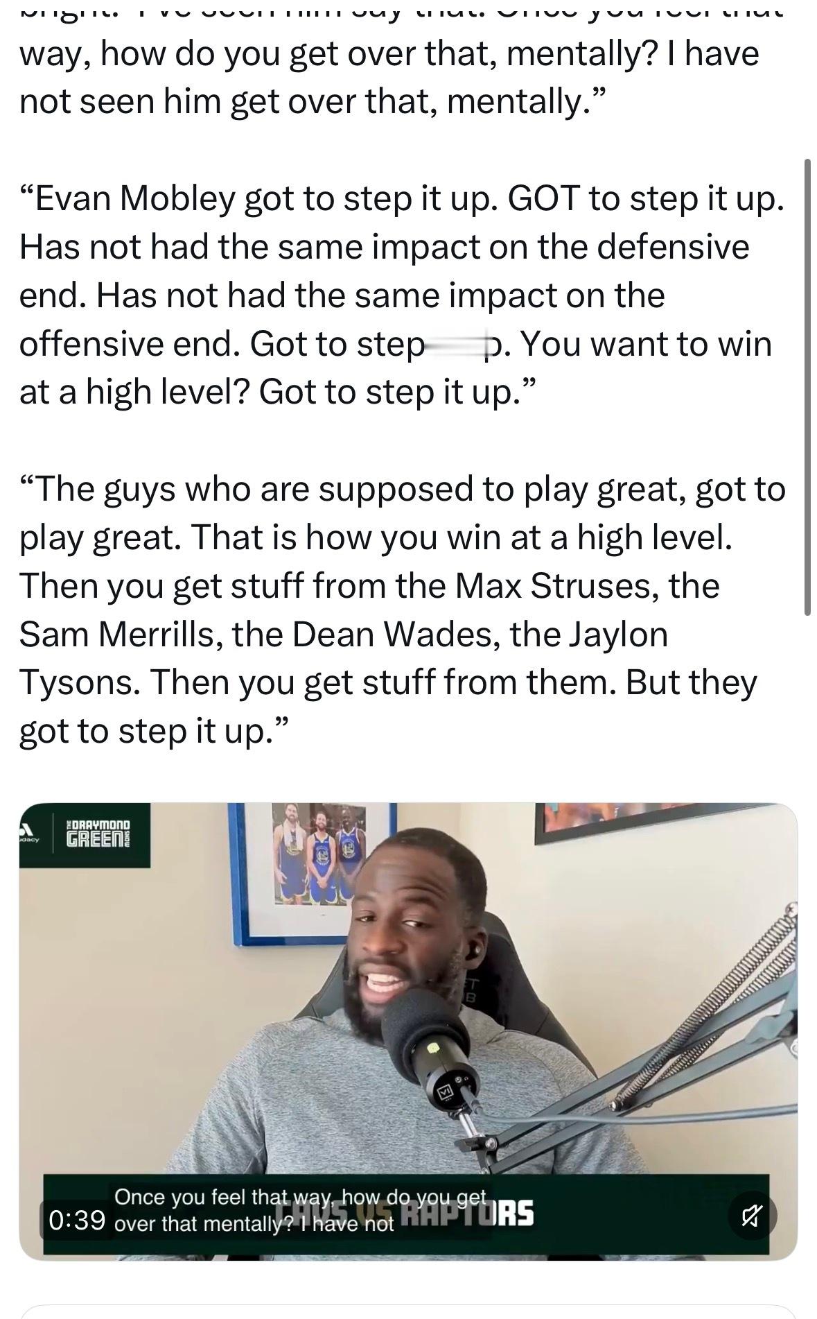 追梦·格林表示，骑士想赢这轮系列赛，米切尔和哈登必须得表现出色，因为阿伦和莫布利