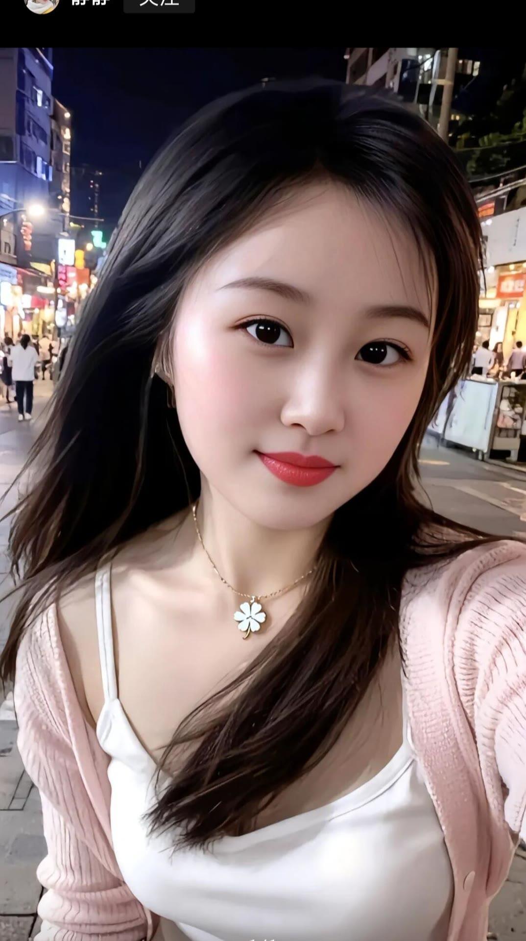 夜晚街头的甜美自拍，粉色毛衣与白色吊带裙的完美搭配，微笑的瞬间定格美好。