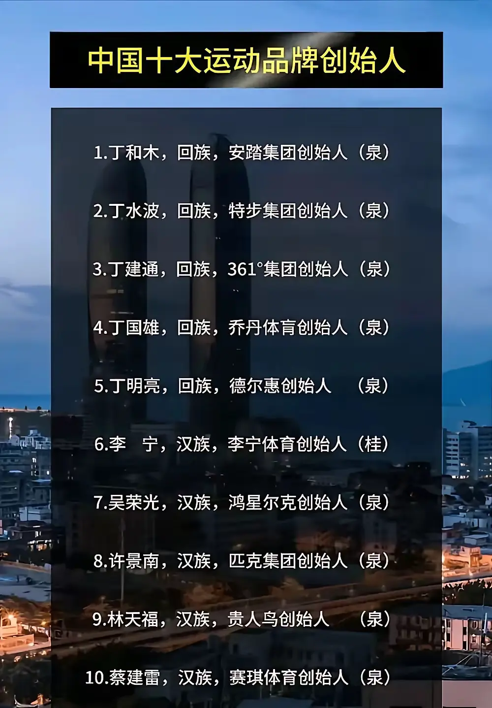 我国十大运动品牌创始人，前五个是一家吗前五个怎么这么巧？都姓丁，都是回族，都是