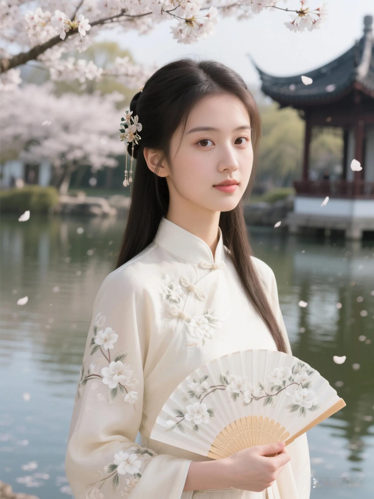 樱花树下，古风少女，手持折扇，唯美如画。