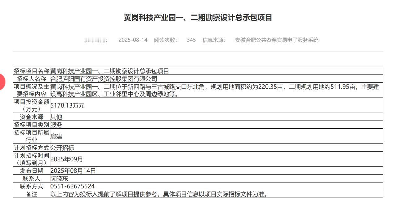 合肥市庐阳区黄岗科技产业园一、二期勘察设计总承包项目。合肥西北边这几年建的产业园