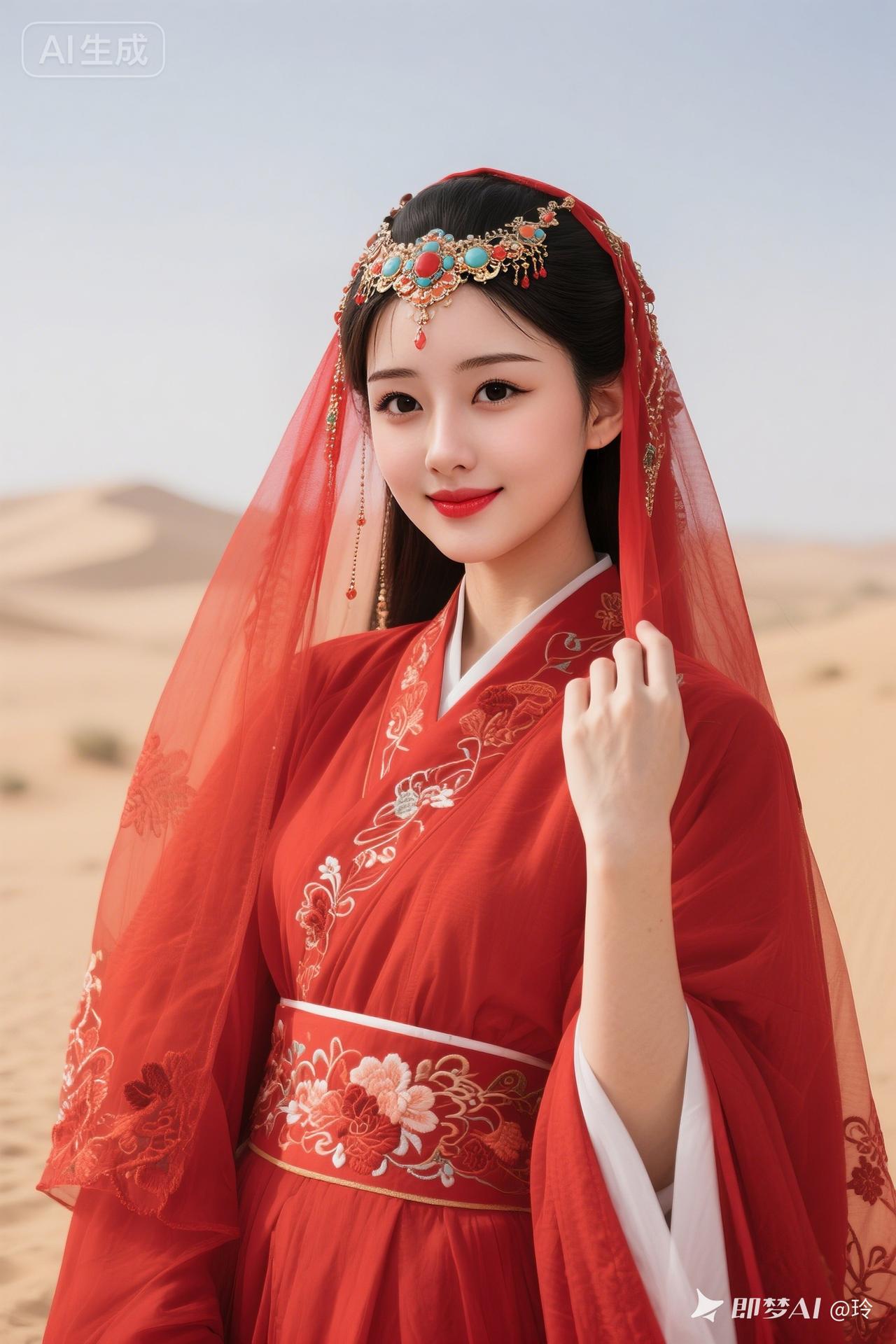 大漠风起，绝色女子着红绣交领汉服，外披繁花长纱。头戴西域风情饰，身姿纤细，温柔浅