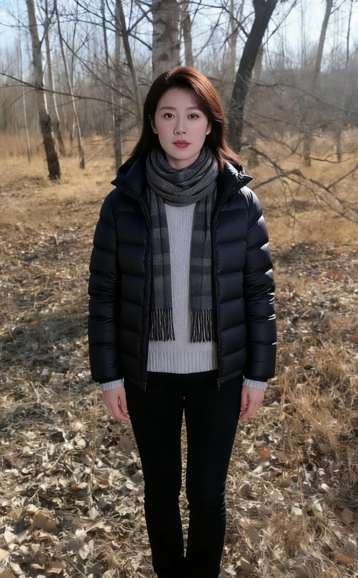 她把羽绒服的拉链拉到领口像把整个冬天，都妥帖收进怀里黑色长裤碾过碎叶的声响