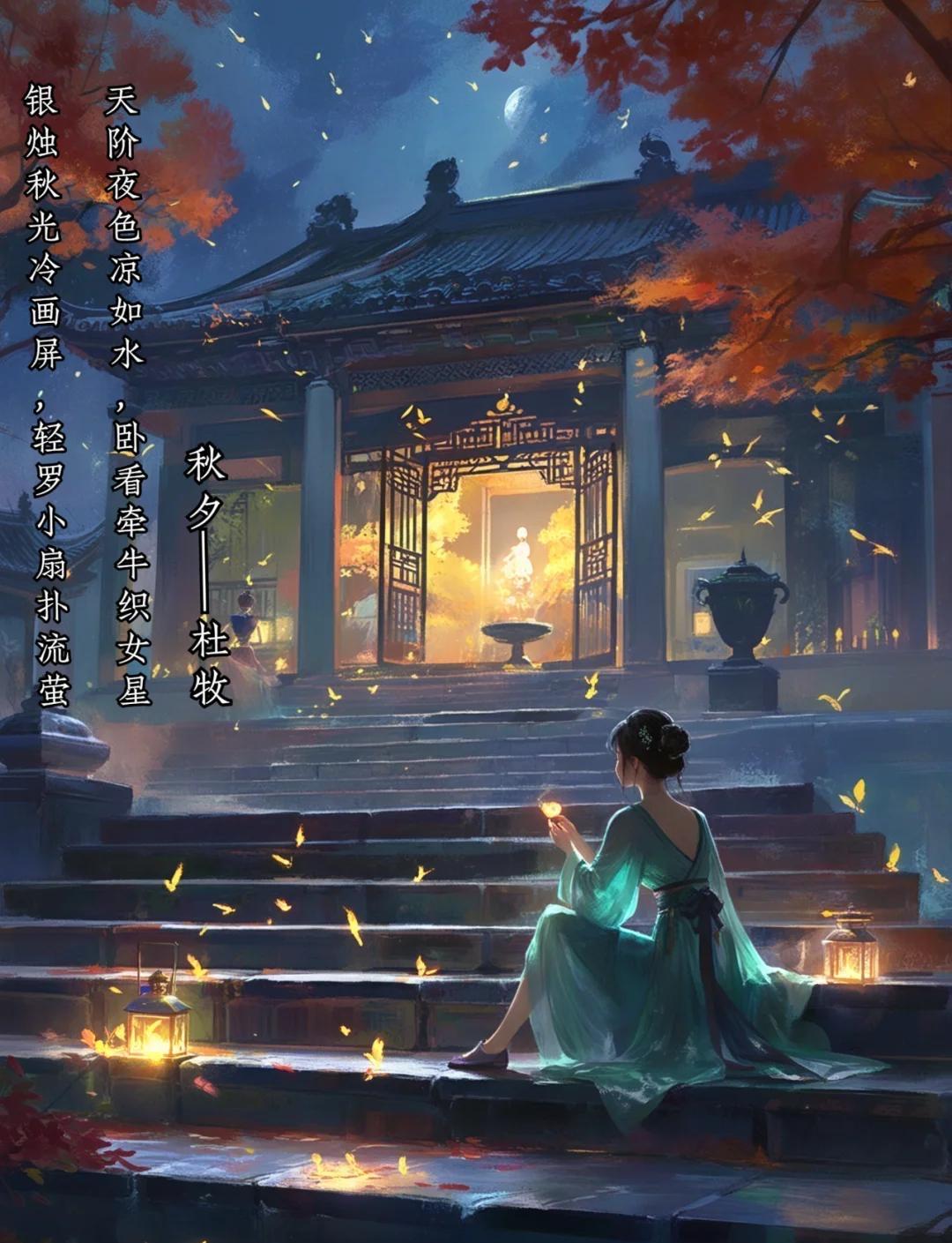 深宫的秋夜浸在如水的凉色里，银烛微光漫过画屏，执轻罗小扇的身影追着流萤，把漫漫长