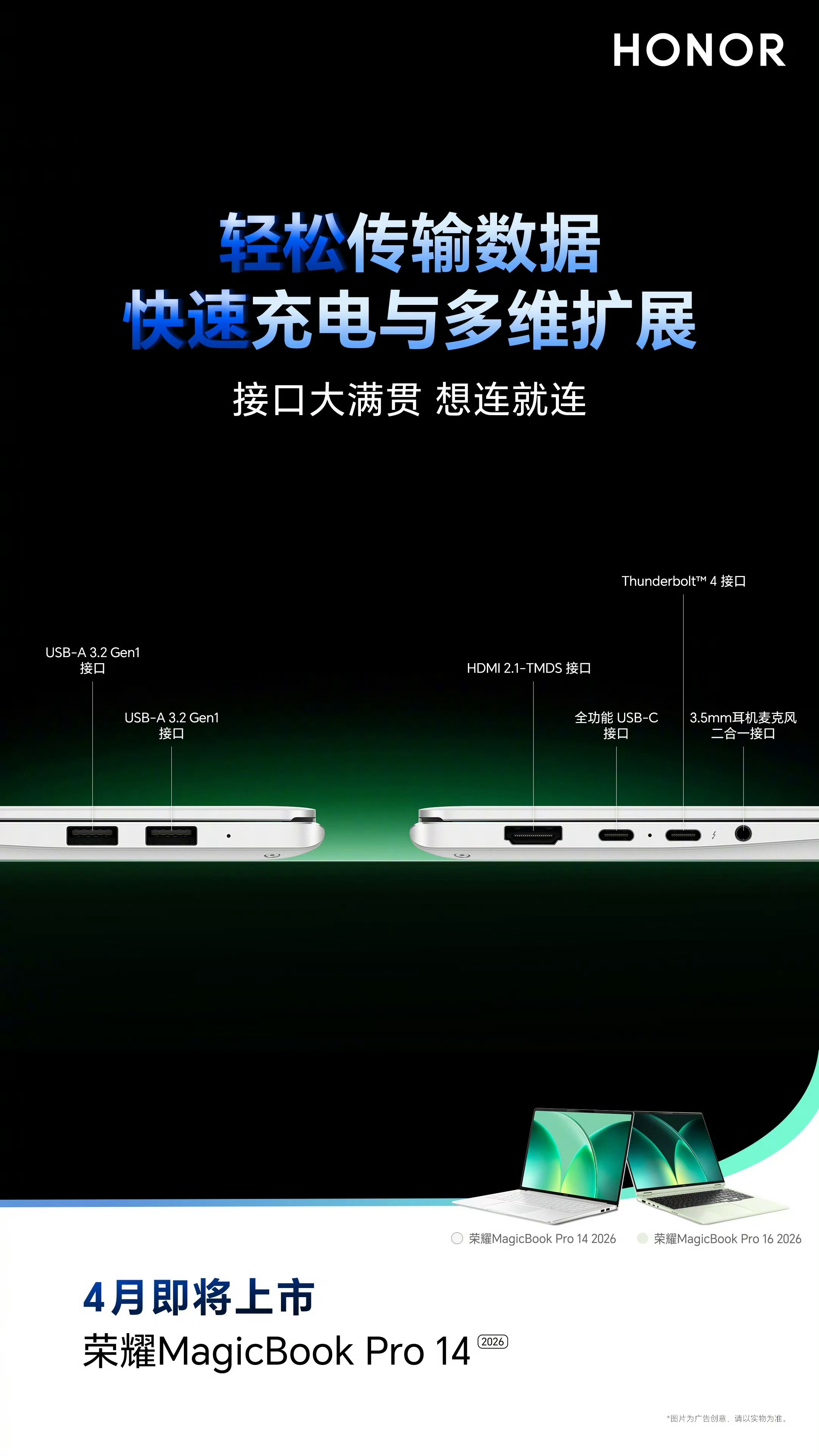 荣耀MagicBookPro142026款2个USB-A3.2、2个C口