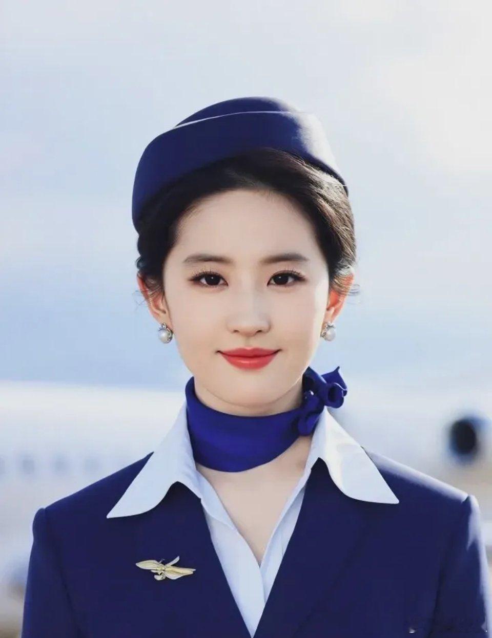 她身着空乘制服，眉眼温婉动人，笑容明亮。整个人青春靓丽，浑身散发着青春洋溢的光茫